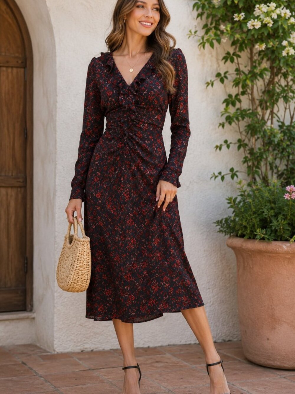 Madewell Floral Ruched Ruffle Midi Dress Black Red Romantic Size 10